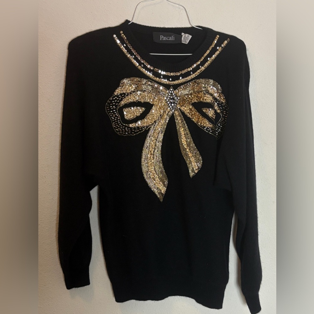 Vintage 80s Pascali Angora lambswoolWool Blend Black Sequin Sweater S